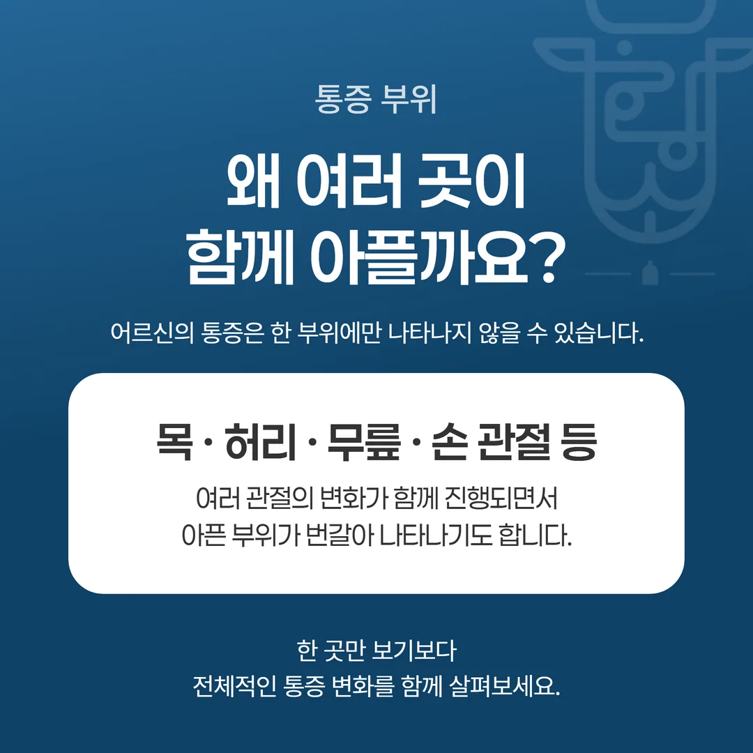 65세 이상에서 여러 부위에 걸쳐 나타나는 관절 통증 분포 도식