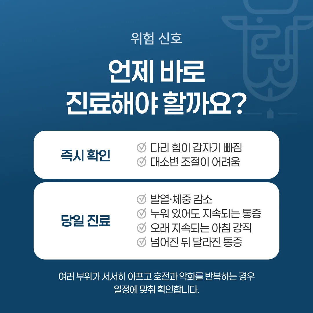 어르신 허리 무릎 통증에서 즉시 당일 일반으로 나눈 확인 신호 점검표