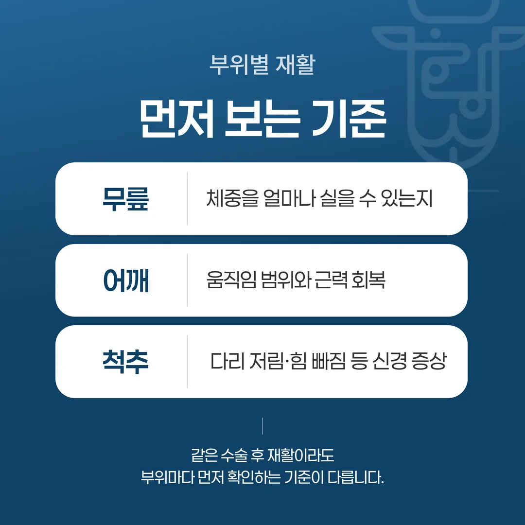 무릎은 체중 부하, 어깨는 가동 범위와 근력, 척추는 신경 증상으로 갈리는 부위별 수술 후 재활 개념도