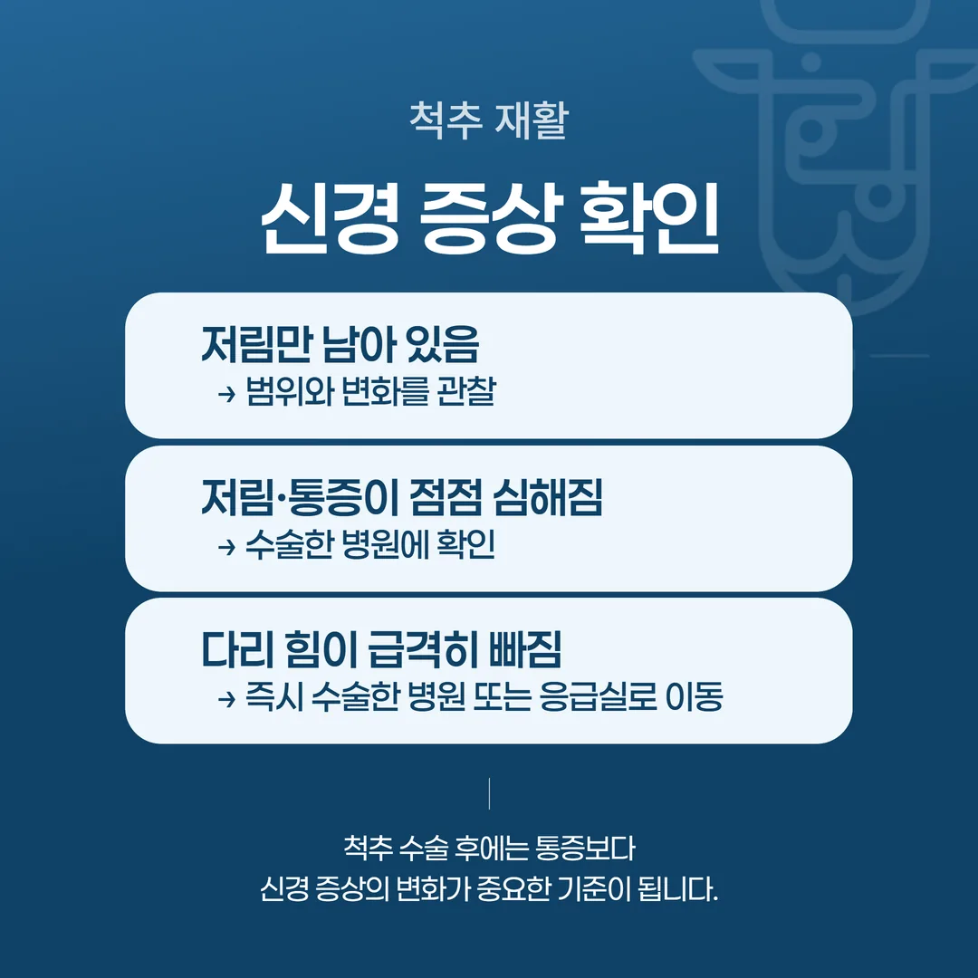 척추 수술 후 다리 저림과 힘 빠짐, 대소변 기능 변화에 따라 갈리는 판단 흐름도
