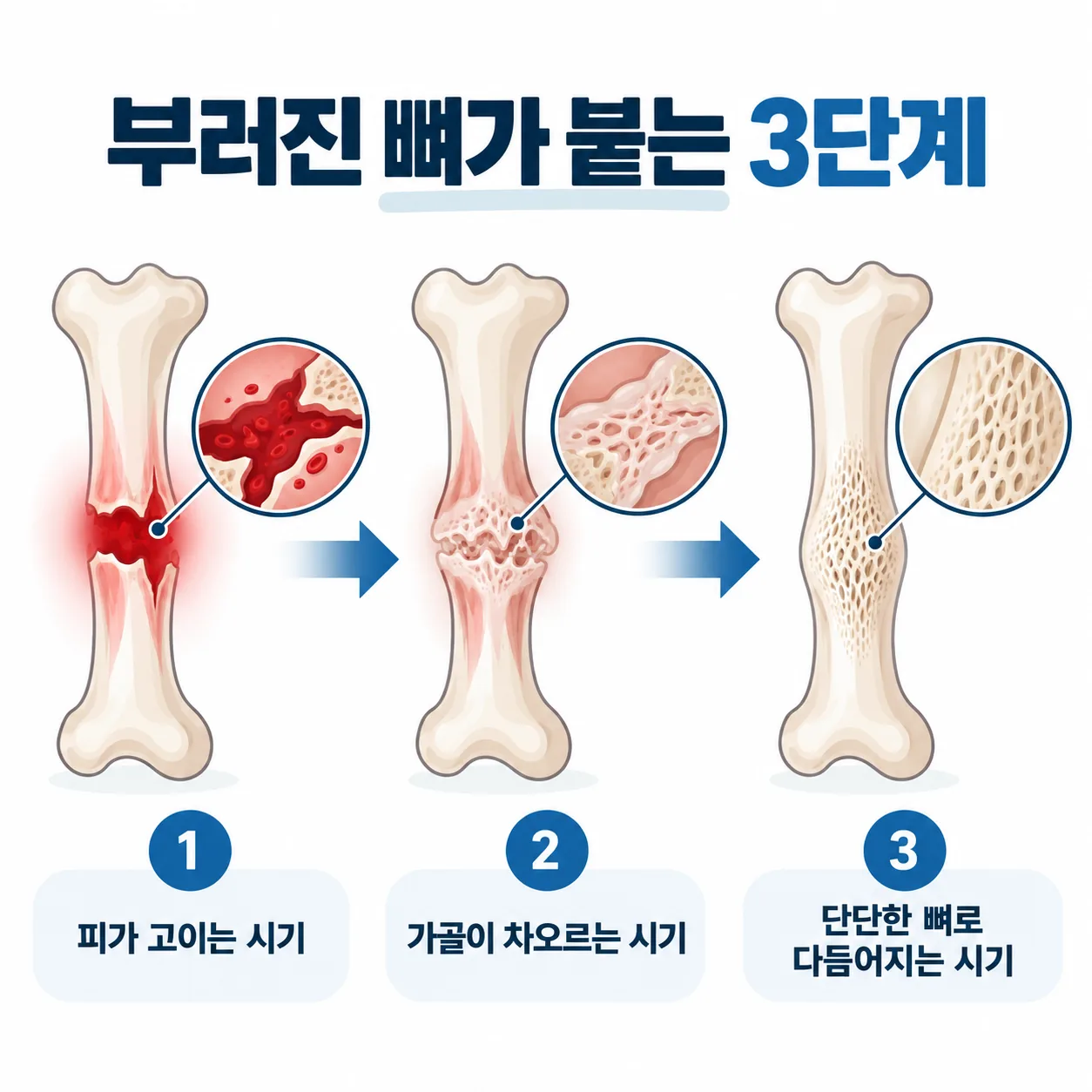 골절 유합 과정 세 시기를 순서대로 보여 주는 개념도