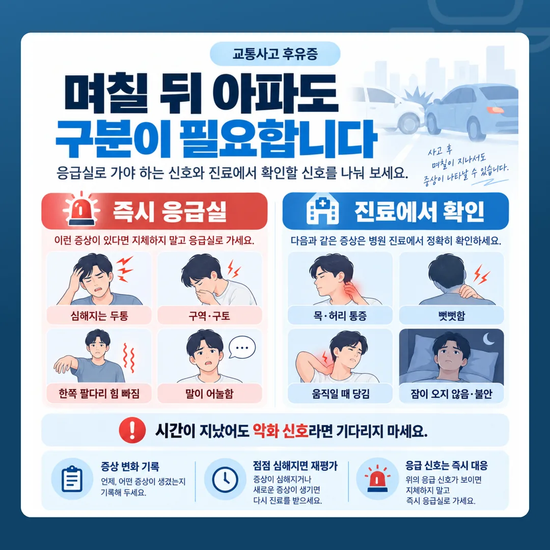사고 며칠 뒤 증상의 긴급도 분기 도표