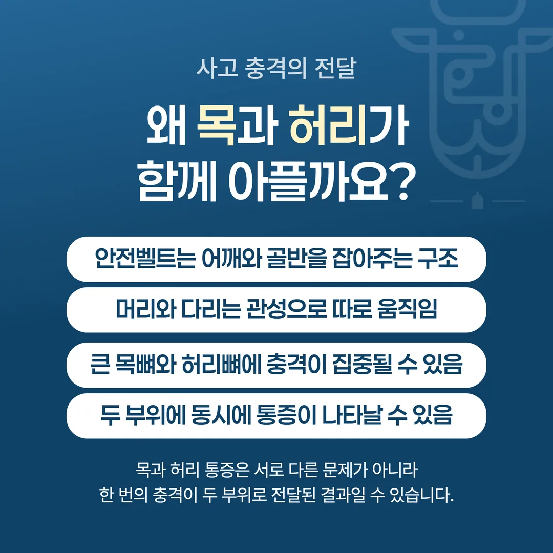 교통사고 충격이 목과 허리 두 곳으로 갈라져 전달되는 경로 개념도