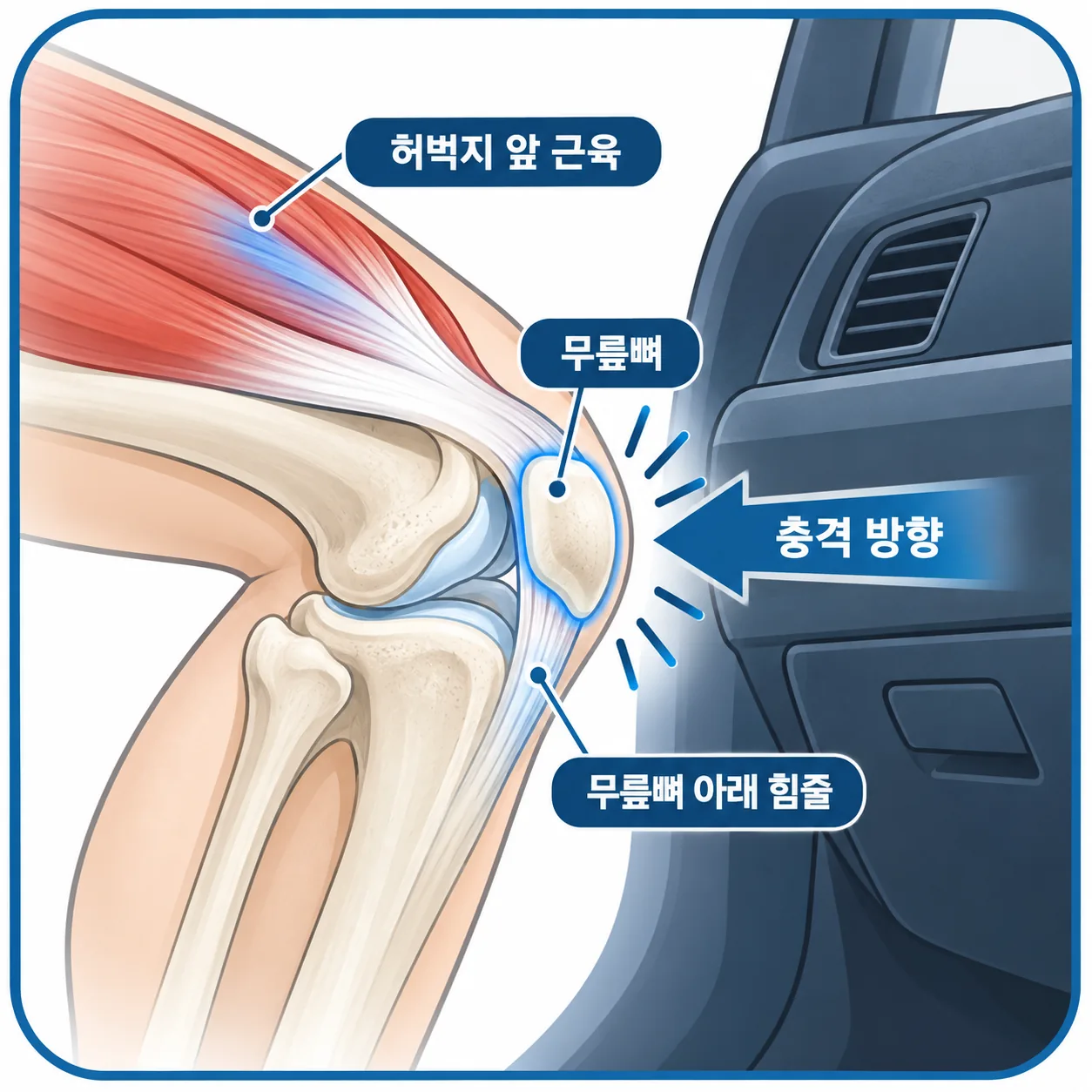 교통사고 때 무릎 앞이 부딪히며 힘을 받는 무릎뼈와 허벅지 앞 근육 위치 개념도