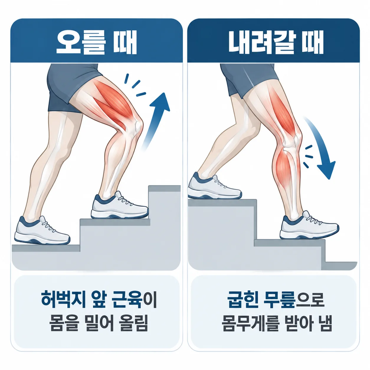 계단을 오를 때와 내려갈 때 무릎이 몸무게를 받는 방식을 비교한 그림