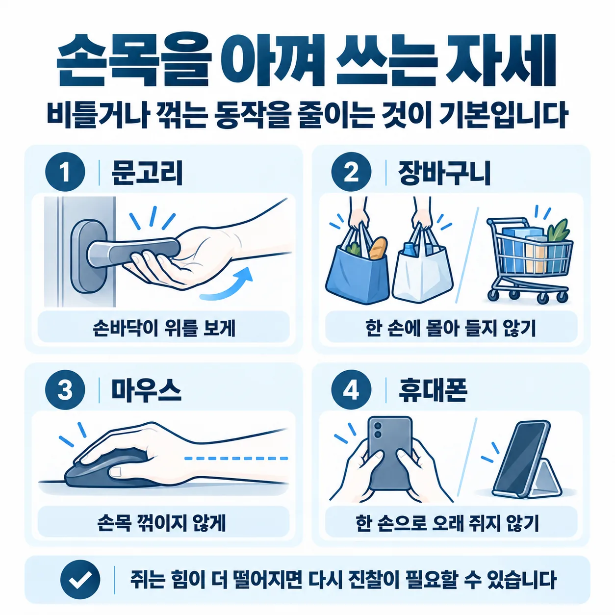 교통사고 손목 통증이 있을 때 문고리 장바구니 마우스 휴대폰을 쓰는 손목 자세 그림